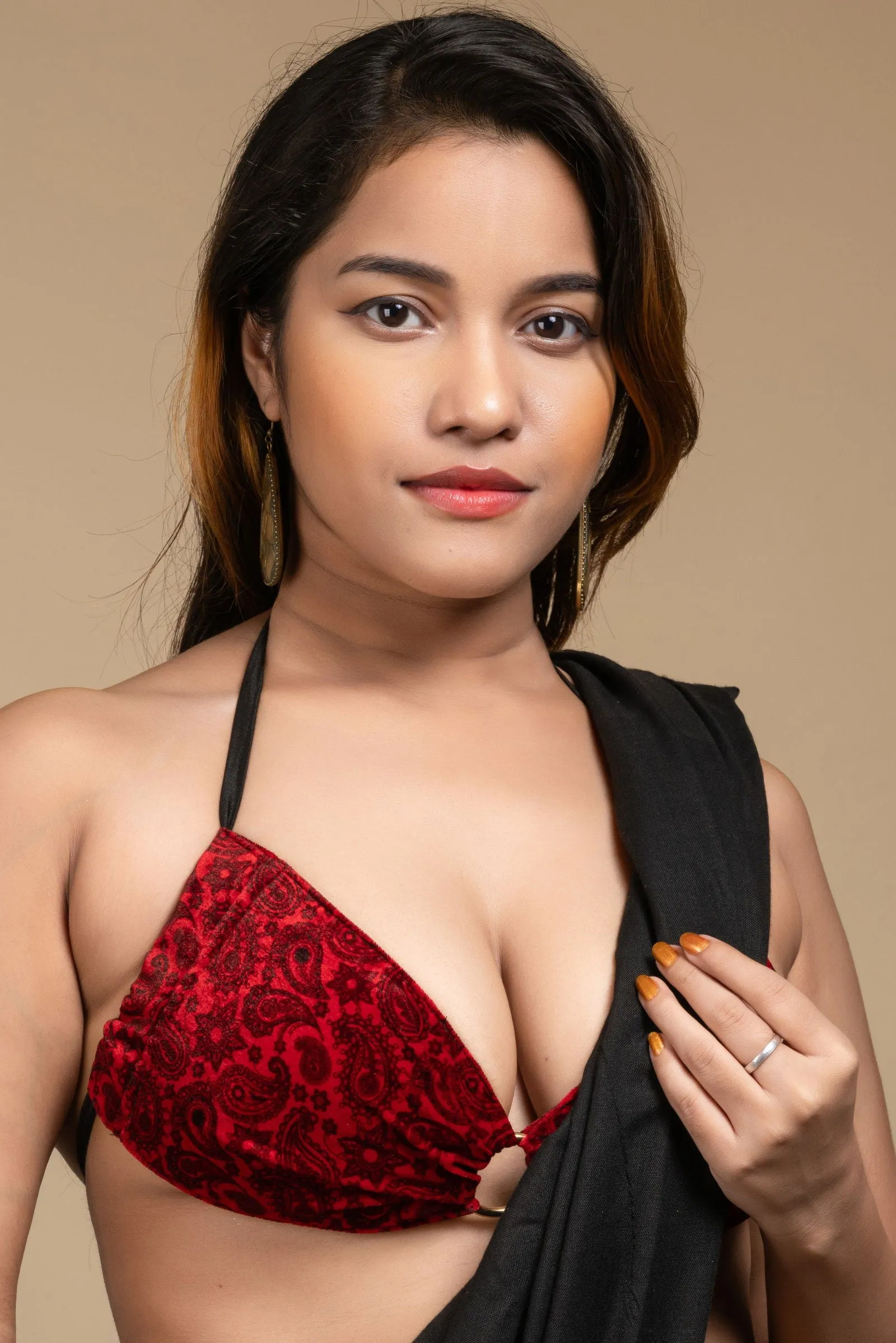 Red Velvet Bikini Top - Designer Backless Halter Neck Women's Blouse, Non-Padded